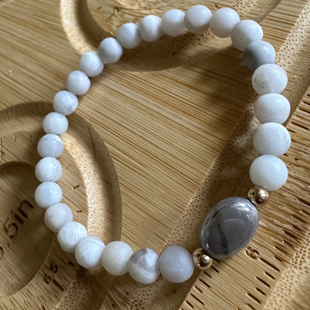 Matte 6mm Feldspar Stretch Bracelet w/ Botswana Agate & 14k Gold Filled Details